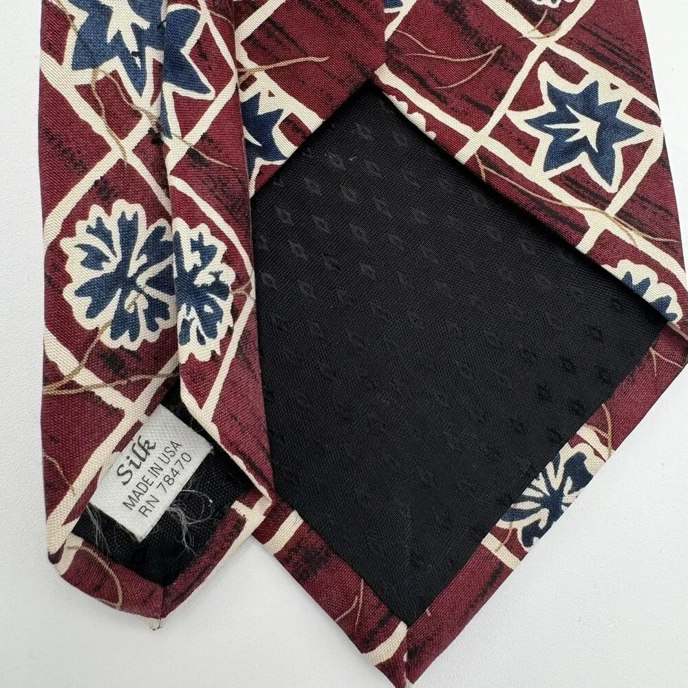 Vintage Gordon Ferguson Burgundy Silk Necktie Navy Blue Abstract Geometric